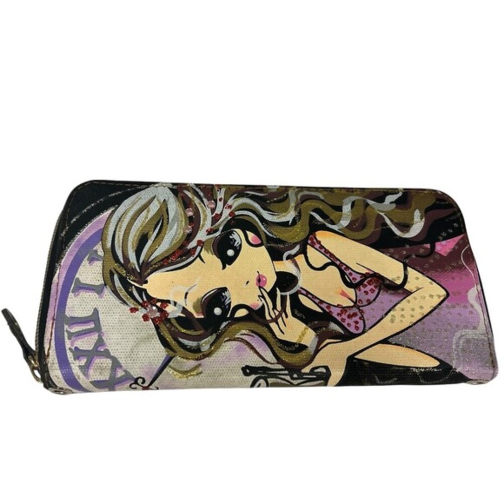 Women's Zip-Around Wallet Clutch Pin-Up Cartoon Black Purple